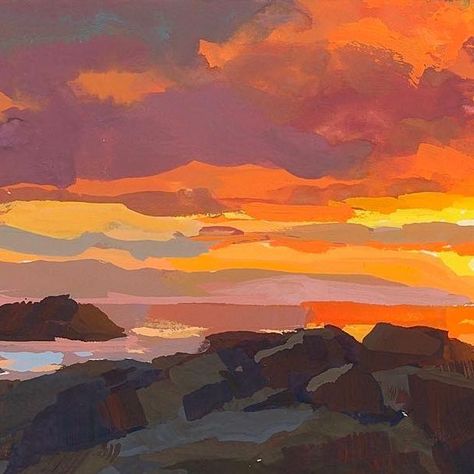 Mountains At Sunset, Gouache Impressionism, Beach Gouache, Sunset Aesthetic Painting, Landscape Paintings Sunset, Gouache Art Inspiration, Gouache Sunset, Guache Illustration, Orange Sunset Painting