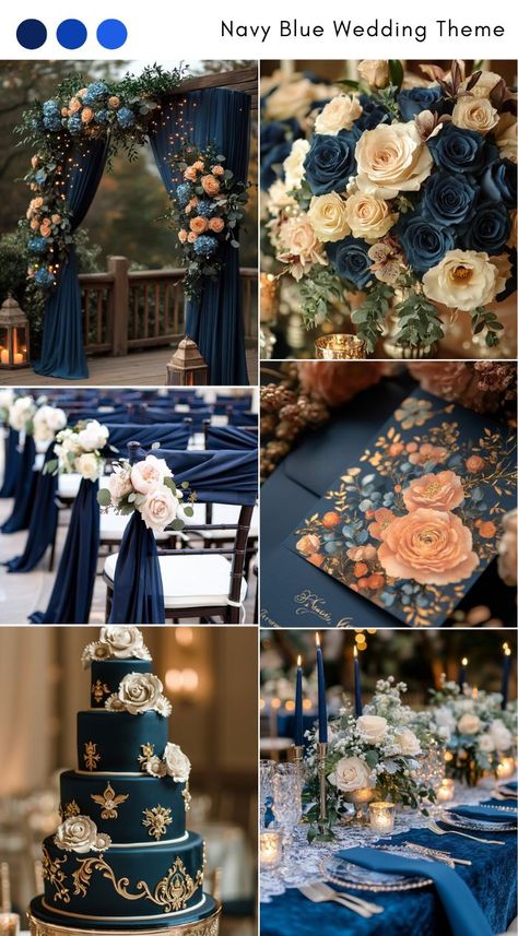 Navy blue wedding theme ideas for a classic, timeless feel. Navy Blue And Pastel Color Palettes, Dark Navy Blue And Gold Wedding, Wedding Bouquets Dark Blue, Navy Blue And Gold Wedding Party, Fall Wedding Ideas Navy Blue, Navy And Gold Wedding Color Palette, Peacock Blue Wedding Theme, Navy Blue Cream And Gold Wedding, Dark Blue Wedding Color Palette