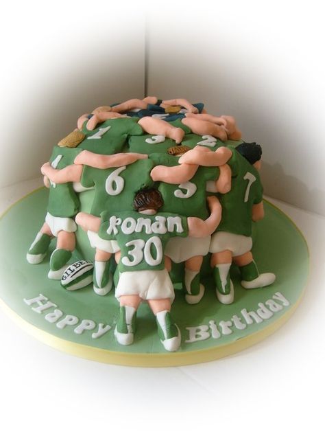 www.facebook.com/cakebookbyaoibheann.  Ireland v France scrum cake Rugby Birthday Cake, Rugby Cupcakes, Rugby Scrum, Rugby Cake, Rugby Birthday, Rugby Mom, Golf Birthday Cakes, Sports Cookies, Boys Cake