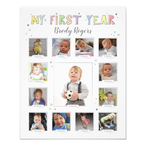 Baby's First Year, Gender Neutral Keepsake Collage Photo Print 12 Month Picture Frame, Photo Collage Ideas, Baby Collage, Neutral Nurseries, Photo Print Sizes, Baby Boy Scrapbook, First Year Photos, Baby Frame, My First Year