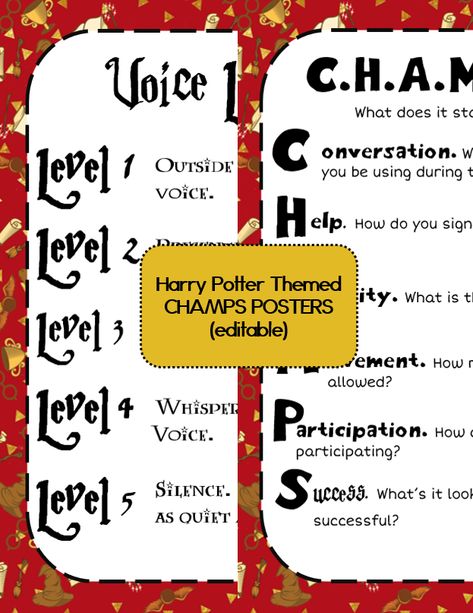 Harry potter themed champs poster! 7 different CHAMPS instructions. Harry Potter Font and Normal Font. English Language Arts. Classroom Management. Posters. Printable. Harry Potter Student Council Posters, Harry Potter Classroom Theme High School, Harry Potter English Classroom, Harry Potter Classes Schedule, Harry Potter Classroom House Points, Champs Classroom Management, Champs Posters, Harry Potter Classroom Theme, Harry Potter Classes