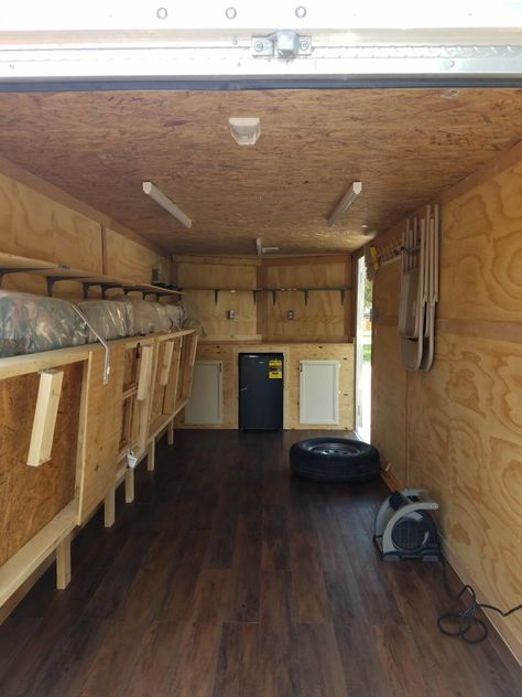 Hunting camp cargo conversion with toy storage. Enclosed Trailer Storage, Enclosed Trailer Cabinets, Enclosed Trailer Ideas, Trailer Shelving, Trailer Workshop, Utility Trailer Camper, Construction Trailer, Hunting Trailer, Van Camper Conversion