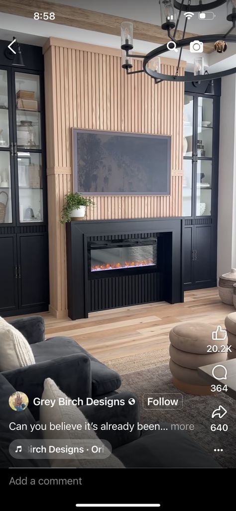 Wood Slat Fireplace, Slat Fireplace, Wood Fireplace Surrounds, Fireplace Tile Surround, Living Room Decor Fireplace, Living Room Entertainment, Modern Farmhouse Living Room, Fireplace Remodel, Tv Wall Design