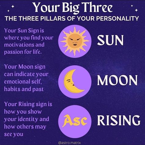 Witchcraft Community on Instagram: “☀️What are your Big Three? 🌙 . @astro.matrix is a close friend of mine and phenomenal astrology app developer. Go check their page out and…” Astrology Big Three, Big Three Astrology, Astrology Meaning, Spiritual Journals, Astrology And Horoscopes, Witchcraft Spell Books, Astrological Signs, Moon Rising, Astrology Numerology