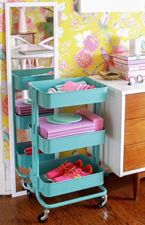 Office Workout Space, Small Sewing Space, Rolling Shelf, Workout Storage, Small Home Gyms, Ikea Cart, Workout Wall, Small Home Gym Ideas, Storage Apartment