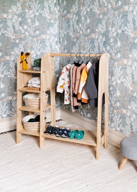 Children Closet, Wooden Clothing Rack, Montessori Wardrobe, Playroom Montessori, Montessori Toddler Rooms, Toy Storage Nursery, Kids Clothes Storage, Rack Wardrobe, Dress Up Storage