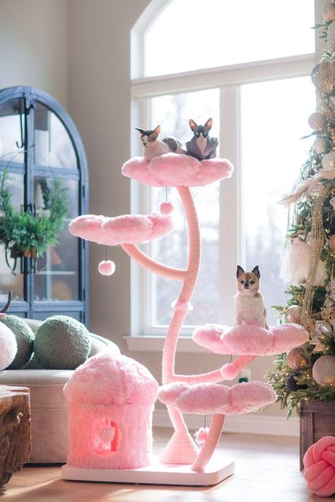 Pink Cat Tree, Cherry Blossom Room, Cat Tower Tree, Flower Cat Tree, Animal Foods, Cat Climbing Tower, Luxurious Garden, Fancy Bedroom, Garden Of Flowers