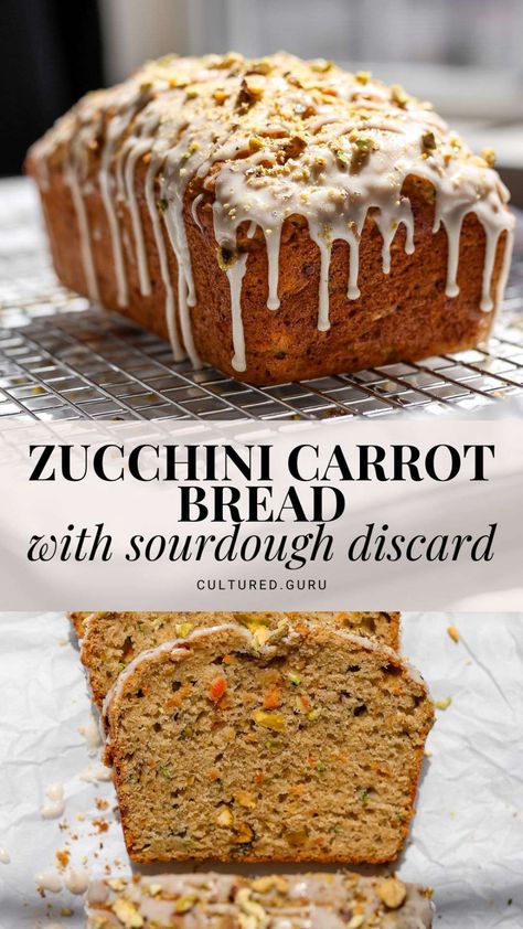 You'll love this light and fluffy Sourdough Discard Zucchini Carrot Bread with pistachios and an icing drizzle for perfect sweetness and texture. This bread is ideal for any spring or summer get-together. Pair it with coffee or tea for a lovely afternoon snack. #zucchini #carrot #bread Zucchini Carrot Bread, Sourdough Treats, Icing Drizzle, Zucchini Carrot, Carrot Bread, Butter Sugar Cookies, Bacon Deviled Eggs, Mini Carrots, Discard Recipes