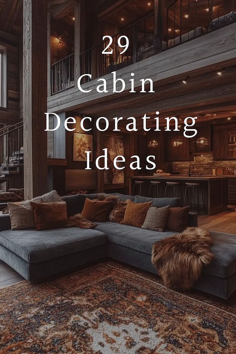 From rustic touches to modern charm, these 29 decorating ideas are perfect for giving your cabin a cozy upgrade! Simple, stylish, and oh-so-inviting. Lake Cabin Living Room Ideas, Cabin Couch Ideas, Log Cabin Open Kitchen And Living Room, Colorado Mountain Cabin Decor, Lodge Cabin Interior, Wildlife Living Room Ideas, Boho Cabin Decor Living Room, Rustic Forest Home Decor, Cabin Theme Decorating Ideas