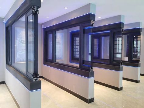 Showroom Windows And Doors, Green Wall Design, Architecture Design Presentation, Contemporary Windows, Metal Doors Design, Casement Window, House Villa, Showroom Display, Showroom Interior Design