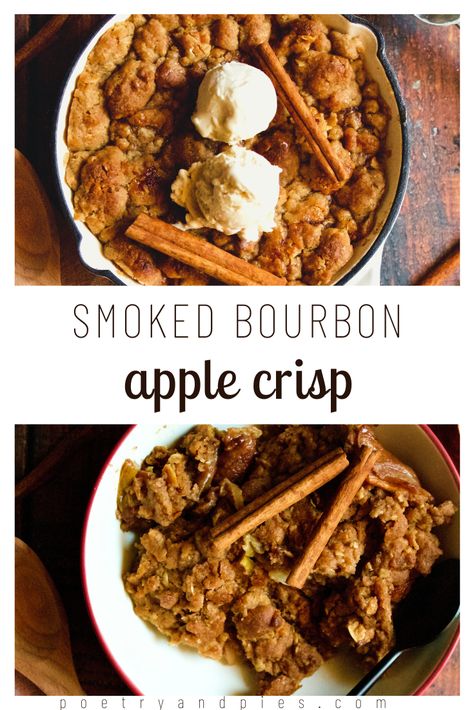 Smoked Apple Crisp Recipe, Smoker Apple Crisp, Apple Crisp On The Smoker, Boozy Apple Pie, Traeger Apple Crisp, Smoked Apple Dessert, Bourbon Caramel Apple Pie, Smoked Fall Recipes, Apple Whiskey Recipes