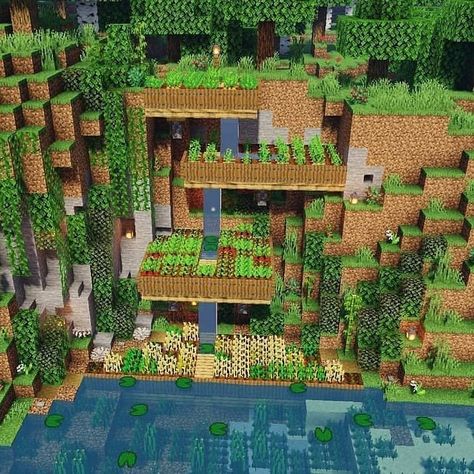 @minecraft.architects on Instagram: “Love the idea of a tiered mountain farm and having the water cascade down the layers makes the look even better. The bamboo and leaves…” Cute Minecraft Farm Ideas, Minecraft Building Ideas Farm, Minecraft Farm Ideas, Minecraft Kale, Minecraft Welten, Minecraft Things, Minecraft Structures, Minecraft House Plans, Bangunan Minecraft