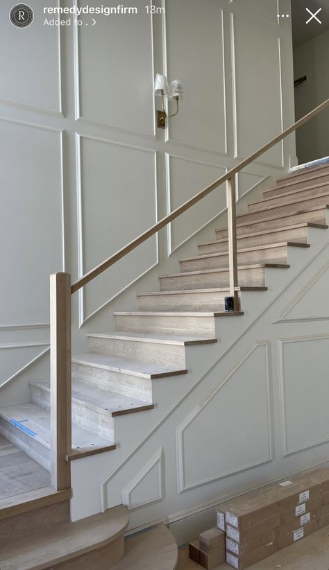 Wall Molding Ideas Stairs, Two Story Molding, Wall Moulding Staircase, Paneling Up Stairs, Wall Molding Stairs, Stairway Wall Molding, Picture Frame Molding Staircase, Wall Molding Staircase, Picture Frame Molding Stairway