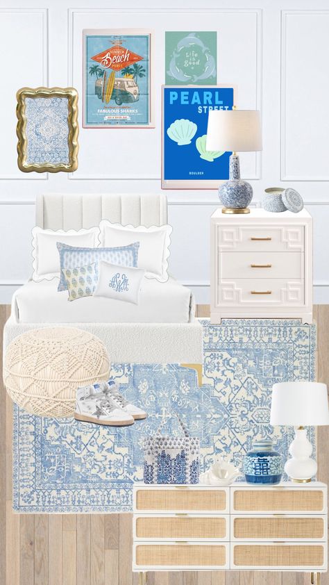 Mamma Mia Inspired Bedroom, Mama Mia Bedroom Aesthetic, Mama Mia Room Aesthetic, Mamma Mia Bedroom Aesthetic, Mama Mia Bedroom, Coastal Granddaughter Dorm Room, Greece Inspired Bedroom, Blue And White Room, Mediterranean Room