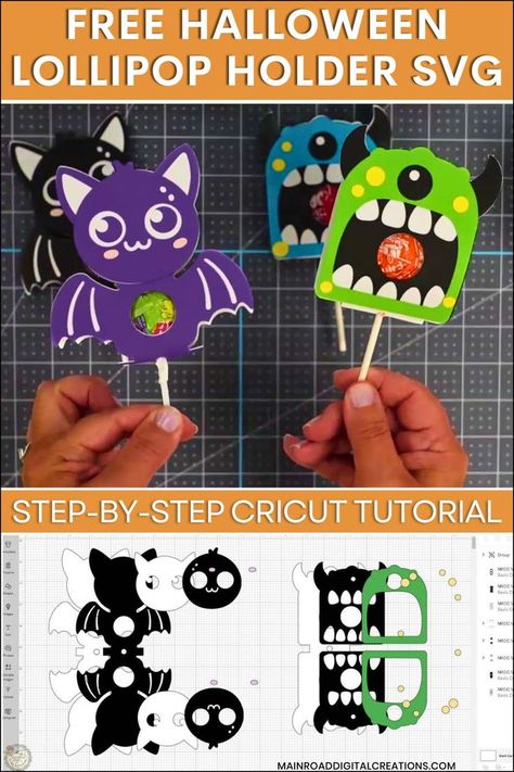 DIY Halloween lollipop holder SVG for Cricut, Bat and monster candy holders made from cardstock, Perfect for Halloween treat ideas and party favors, Halloween crafts, Free Halloween SVG, lollipop holder SVG free, sucker holder SVG, Cricut Halloween crafts, DIY Halloween, monster svg free, bat svg free Halloween Crafts Paper, Halloween Lollipop Holders, Lollipop Holder Svg, Bat Monster, Lollipop Craft, Diy Halloween Crafts, Halloween Treat Holders, Halloween Lollipop, Lollipop Holder