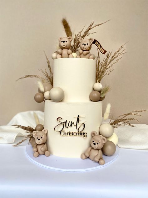 Teddy Bear Birthday Cake Ideas, Boho Bear Cake, Boho Teddy Bear Cake, Neutral Gender Reveal Cake, Cake For Children, Teddy Bear Birthday Cake, Bear Birthday Cake, Christening Cake Boy, Bear Baby Shower Cake