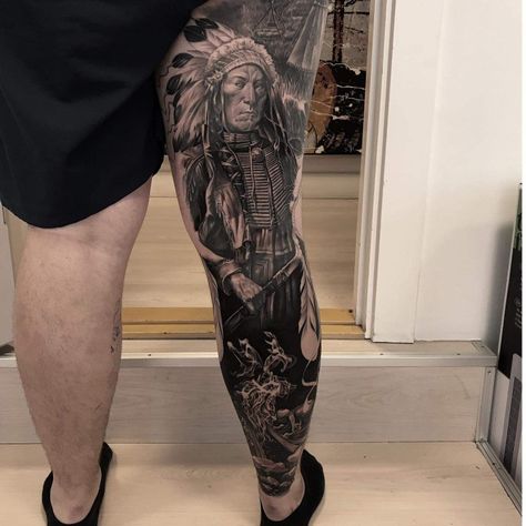 Native American Leg Sleeve, Indian Chief Tattoo, Chief Tattoo, Sleeve Tattoo Designs, Leg Sleeve Tattoo, Leg Sleeve, Leg Tattoo, Indian Chief, Leg Sleeves