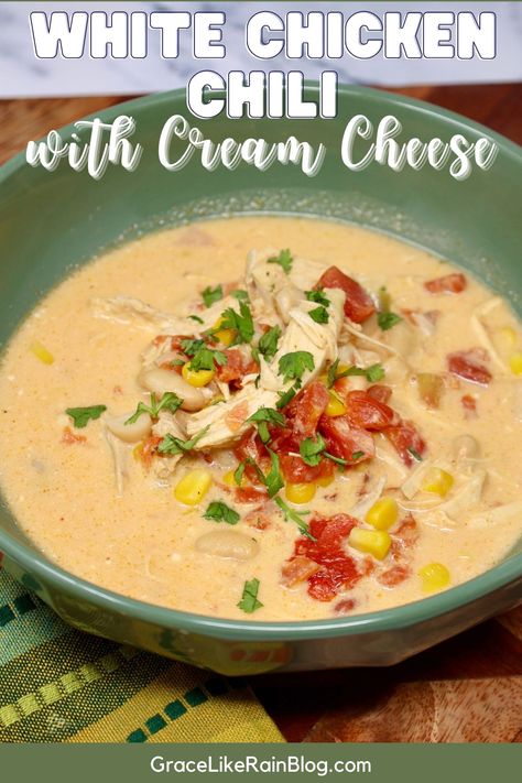 White Chicken Chili Recipe With Cream Cheese - Grace Like Rain Blog: Recipes From Our Family to Yours White Chicken Chili Cream Cheese, White Bean Chicken Chili Recipe, White Chicken Chilli, Stovetop Appetizers, Cream Cheese Chicken Chili, White Chicken Chili Slow Cooker, White Bean Chicken Chili, Creamy White Chicken Chili, White Chili