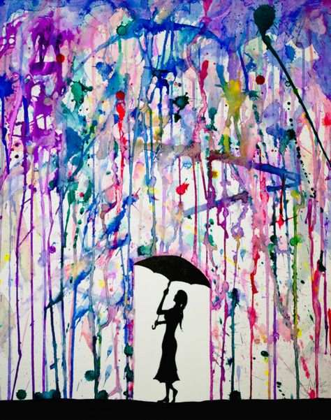 Put paint tape to cover the place to stencil, put paint filled balloons around canvas, pop with darts, let dry, use stencil to add silhouette. Love love love this!! Filled Balloons, Drawing Hair, Crayon Art, Fall Art, Pics Art, Art Plastique, In The Rain, Artsy Fartsy, Ink Drawing