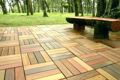 Interlocking Patio Tiles over Grass: 7 Facts You Must Know Interlocking Patio Tiles, Deck Tiles Patio, Wood Deck Tiles, Patio Floor, Easy Patio, Garden Bench Diy, Building A Patio, Outdoor Deck Tiles, Cheap Patio