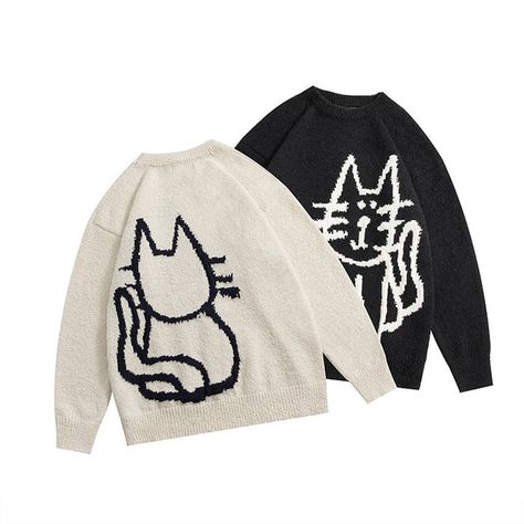 Cat Knitted Sweater, Cute Couple Sweaters, Matching Cat, Fall Fashion Sweaters, Sweater Aesthetic, White And Black Cat, Sweaters Winter, Piskel Art, Oversized Pullover Sweaters