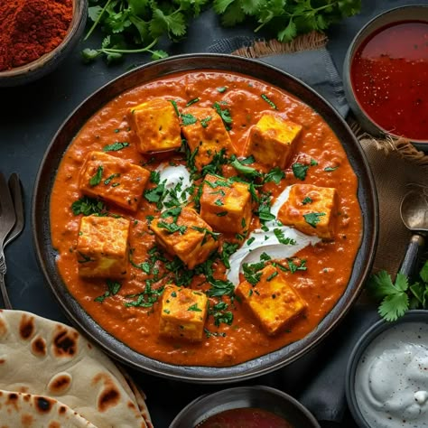 Paneer Butter Masala, also known as Paneer Makhani, is a rich and creamy dish where paneer (Indian cottage cheese) is cooked in a buttery tomato-based gravy, Paneer Masala Photography, Vegetable Paneer Curry, Food Recipes Photography, Paneer Lababdar Photography, Paneer Butter Masala Photography, Indian Paneer Dishes, Best Indian Dishes, Butter Paneer Recipes, Paneer Aesthetic