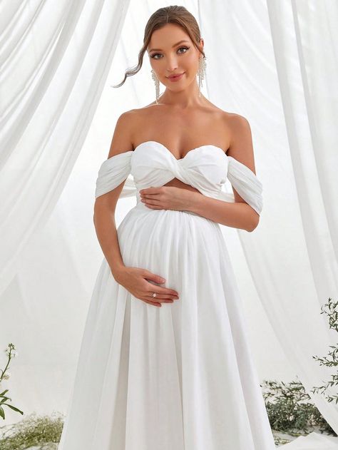 Off Shoulder Cut Out Front Chiffon White Maternity Dress White Gown Maternity Shoot, Maternity Dress White, Baby Shower Dress Ideas For Mom, Pregnancy Wedding Dress, White Baby Shower Dress, Wedding Dress For Pregnant Bride, Pregnancy Fits, Baby Shower Outfit Ideas, Wedding Dress Two Piece