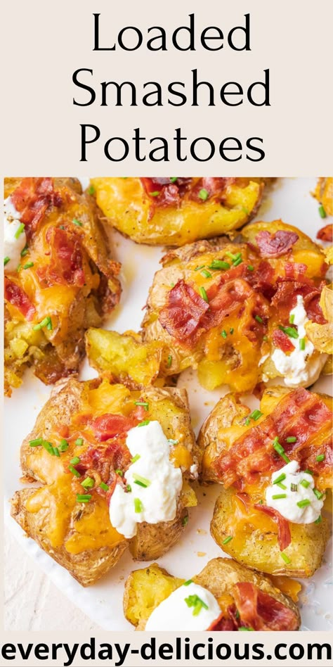 Loaded smashed potatoes make an amazing appetizer or side dish. Crispy flavorful smashed potatoes are topped with sharp cheddar, crispy bacon, sour cream, and chives. They are packed with flavor and crazy good! They are easy to serve for a crowd and will be gone in seconds! Loaded Smashed Potatoes, Polish Potato Pancakes, Smashed Potatoes Baked, Smashed Potatoes Recipe, Potatoes In Oven, Crispy Smashed Potatoes, Bacon Potato, Cooking Bacon, Baked Bacon