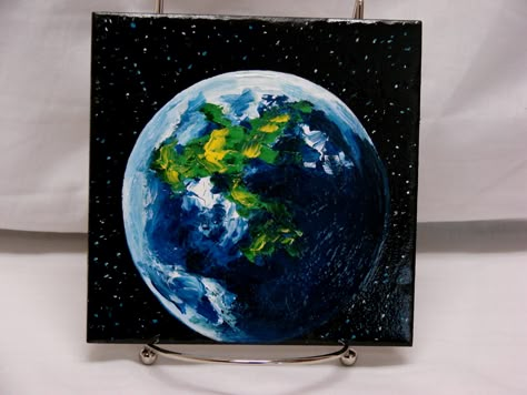 Planet Earth Original, acrylic Painting on 6" x 6" ceramic tile. Protective finish to give it an illustrious finish. To be displayed on an easel. Earth Painting Acrylic Easy, Planet Earth Painting, Painting Of Earth, Globe Painting, Vbs Space, Earth Painting, World Painting, Diy Canvas Art Easy, Planet Painting