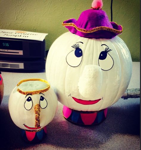 Mrs. Potts and Chip Pumpkins Mrs Potts Pumpkin Painting, Mrs Potts Pumpkin, Encanto Pumpkin, Mater Pumpkin, Disney Pumpkin Ideas, Disney Pumpkins, Chip Beauty And The Beast, Disney Pumpkin Painting, Mrs Potts And Chip