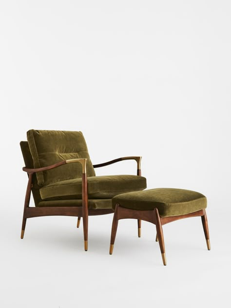 Armchair And Footstool, Armchair With Footstool, Footstools Ideas, Olive Armchair, Arm Chair Living Room, Armchairs Living Room, Armchair With Ottoman, Walnut Armchair, Vintage Armchair