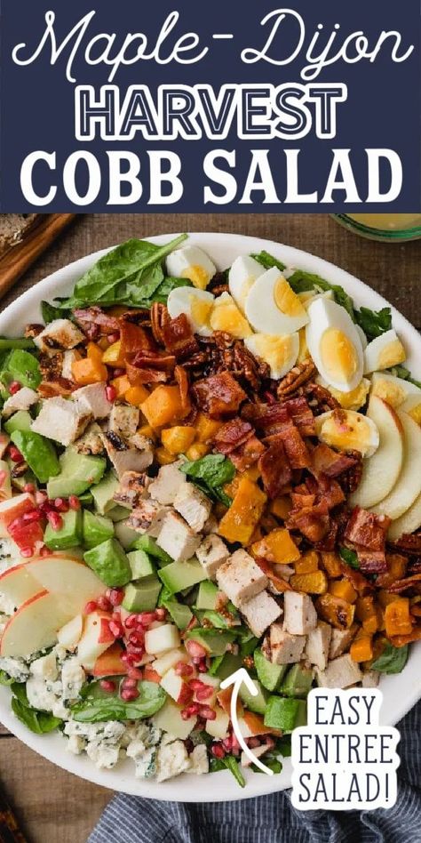 Harvest Cobb Salad, Chick Fil A Copycat, Friends Salad, Chicken Cobb Salad, Maple Vinaigrette, Cobb Salad Recipe, Butternut Squash Cubes, Romaine Salad, Hearty Salads