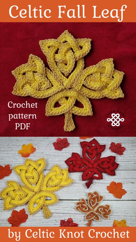 Crochet Fall Leaf - Celtic Knot Crochet Crochet Motives Free Pattern, Fall Crochet Stitches, Cute Mushroom Crochet Pattern, Silk Crochet, Yule Crochet Patterns Free, Tree Of Life Crochet, Crochet One Color, Crochet Fall Leaves Free Pattern, Crochet Pumpkin Leaf