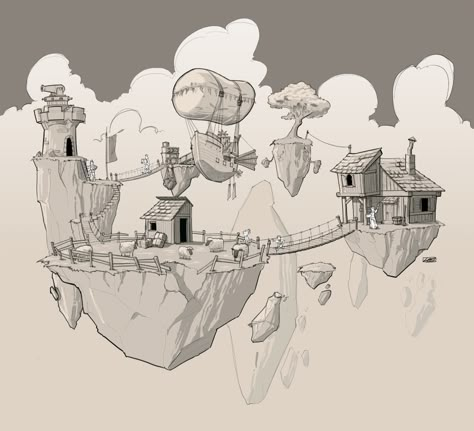 ArtStation - Floating Home Sky Island, Floating Islands, Autodesk Sketchbook, Sketchbook Pro, Floating Island, Floating City, Pen Art Drawings, City Drawing, Floating House