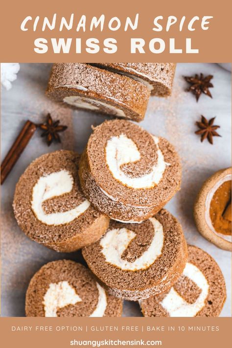 Cinnamon Spice Swiss Roll {Gluten Free} - Shuangy's Kitchensink Potluck Ideas, Food Fair, Cinnamon Cake, Cinnamon Roll Cake, Bakery Ideas, Pumpkin Roll, Cashew Cream, Swiss Roll, Cinnamon Swirl