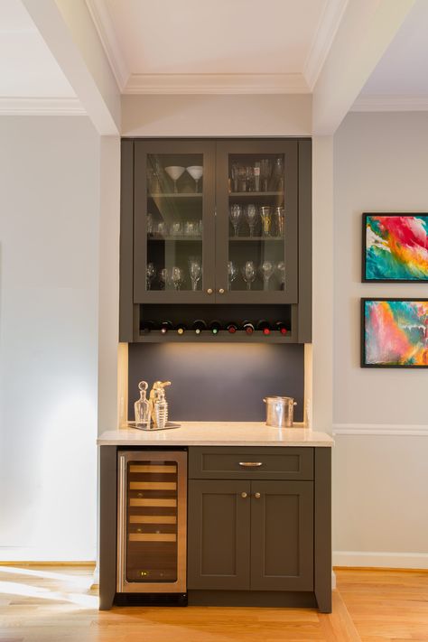 Wentworth Cabinets With Wine Storage, Narrow Wine Bar Ideas, Custom Built In Bars For Home, Dining Area Storage Ideas, Built In China Cabinet With Wine Fridge, Narrow Dry Bar, Fridge In Dining Area, Dining Area Storage Cabinet, Combination Coffee And Wine Bar