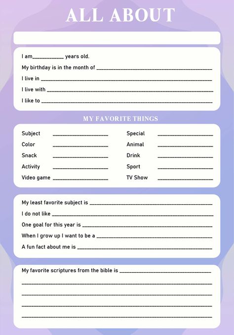 All About Me Printable Faith Based Fun Charts To Fill Out, About Me Profile Ideas, Alter Introduction Template Did, My Favorites List Template, Slambook Templates Printable, Get To Know Me Page, Cute About Me Template, Introduce Yourself Template, Introduce Yourself Ideas