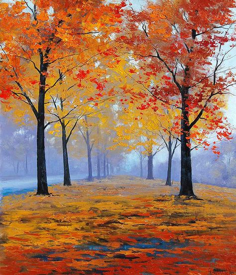 Vibrant Autumn Colors by artsaus on DeviantArt Graham Gercken, Boom Kunst, Oil Painting Trees, Realistic Oil Painting, Art Painting Gallery, Autumn Painting, Linen Canvas, Caravaggio, Autumn Art