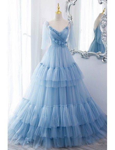 Tule Rok, Gonna In Tulle, Blue Evening Gowns, Long Formal Gowns, A Line Evening Dress, Blue Evening Dresses, Blue Tulle, Applique Wedding Dress, فستان سهرة