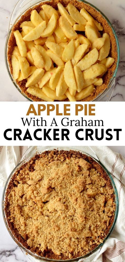 an apple pie with a crumb topping Apple Pie With Shortbread Crust, Apple Pie Recipe Easy Premade Crust, Apple Tart With Graham Cracker Crust, Apple Pie With Crumb Topping Easy, Apple And Graham Cracker Recipe, Dessert With Cherry Pie Filling Graham Crackers, Different Pie Crusts, Gramcracker Pie Crust, Apple Crisp Graham Cracker Crust