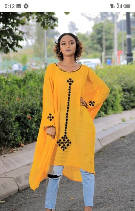 Simple habesha kemis Green Dress Summer, Long Yellow Dress, Ethiopian Fashion, Eritrean Dress, Cultural Dress, Yellow Long Dress, Yellow Outfits, Ethiopian Clothing, Habesha Dress