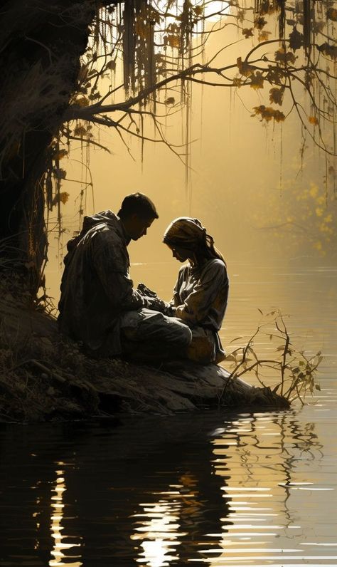 Panorama Alam, Painting Of A Man, Black Couple Art, Romantic Paintings, Couple Silhouette, Body Of Water, Night Landscape, Woman Sitting, Art Gallery Wallpaper