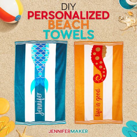 DIY Personalized Beach Towels with Smart Iron On - Jennifer Maker Diy Pantry Labels, Cricut 3, Craft Paint Storage, Personalized Beach Towels, Jennifer Maker, Personalized Bath Towels, Cricut Christmas Ideas, Diy Sharpie, Layered Vinyl