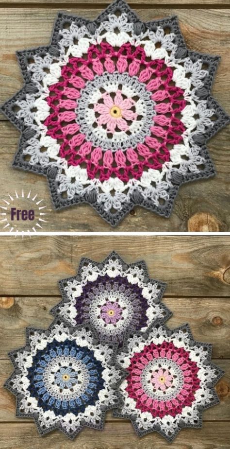 Crochet Winter Mandala - Free Pattern Motif Mandala Crochet, Crochet Coaster Pattern, Crochet Mandala Pattern, Crochet Winter, Crochet Doily Patterns, Crochet Mandala, Crochet Motifs, Doily Patterns, Crochet Squares