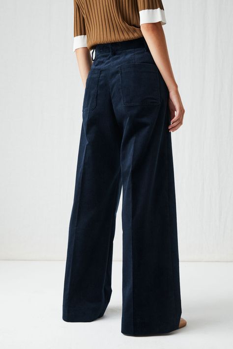 Wide leg cord trousers, £79 Corduroy Outfits, Corduroy Pants Outfit, Blue Corduroy Pants, Shorts Diy, Cord Trousers, Cold Fits, Cords Pants, Easy Chic, Wide Trousers