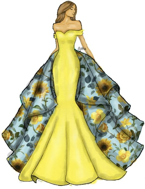 Floral Dress Illustration Fashion, Floral Dress Sketch, Yellow Dress Illustration, Digital Fashion Illustration Dresses, Skirt Illustration Fashion, Mermaid Dress Illustration, Fashion Illustration Dresses Gowns, Floral Dress Illustration, Gown Sketches Design