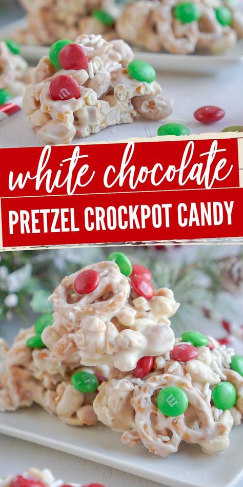 Christmas Crockpot Candy, Crockpot Christmas Candy, Candy For Christmas, Crockpot Candy Recipes, Crockpot Christmas, Christmas Pretzels, Christmas Candy Easy, Easy Christmas Candy Recipes, White Chocolate Pretzels