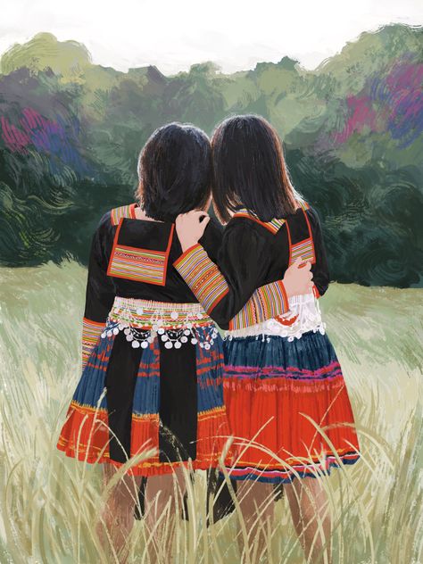 A drawing of Hmong sisters standing in a field with their backs facing the camera. digital art, digital artist, art, drawing, procreate, procreate drawing, procreate portrait, procreate artist, young artist, hmong artist, hmong art, hmong drawing, hmong clothes, hmong girl, sisters, artist, high schooler art, ap studio art, ap art, ap art portfolio, ap art portfolio example, art instagram, hmong dress, girl drawing, clothes drawing, colorful drawing, colorful art, vibrant color palette Hmong Couple Photoshoot, Hmong Art, Hmong Art Drawing, Hmong Shaman Art, Hmong Cross Stitch Designs, Hmong Village, Ap Studio Art, Ap Art, Beginner Painting