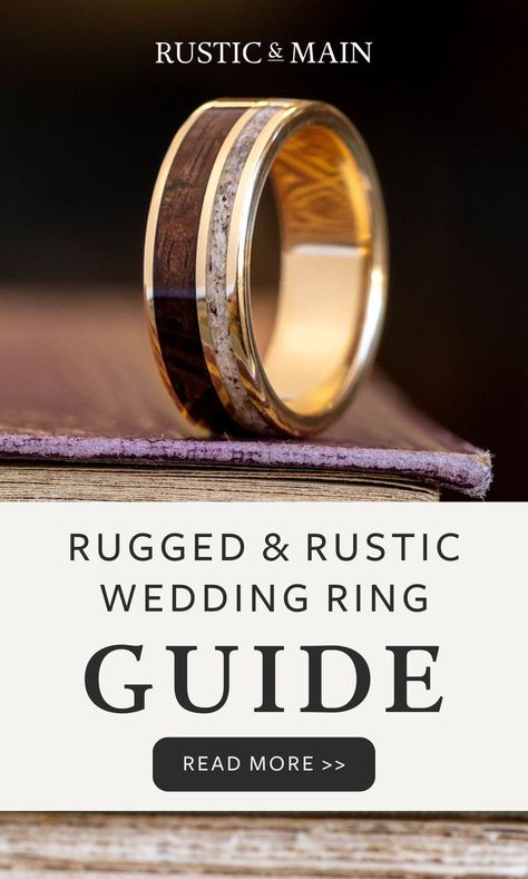 Rugged And Rustic Wedding Ring Guide Rustic And Main Whiskey Barrel Wedding Ring, Military Marriage, Whiskey Barrel Wedding, Rustic Wedding Ring, Barrel Wedding, Rustic Wedding Bands, Unique Ring Designs, Rustic Wedding Rings, Wedding Bands For Him