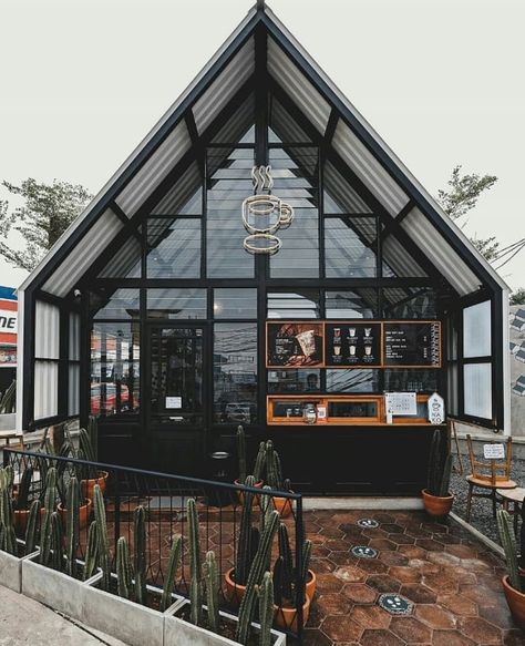 A Frame Coffee Shop, Cafe Architecture Exterior, Interior Library, Cafe Industrial, Shop Architecture, Coffee House Design, Coffee Shop Concept, Small Restaurant Design, Cafe Exterior